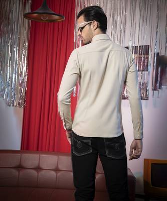 Beige plain poly viscose fabric men's shirt 2