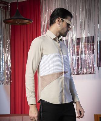 Beige plain poly viscose fabric men's shirt 3