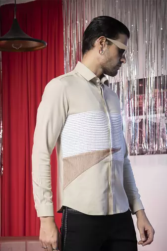 Beige plain poly viscose fabric men's shirt