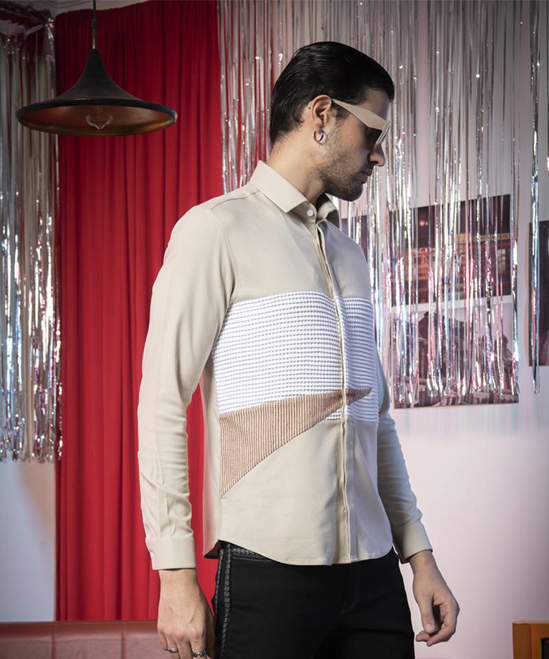 Beige plain poly viscose fabric men's shirt