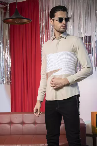 Beige plain poly viscose fabric men's shirt