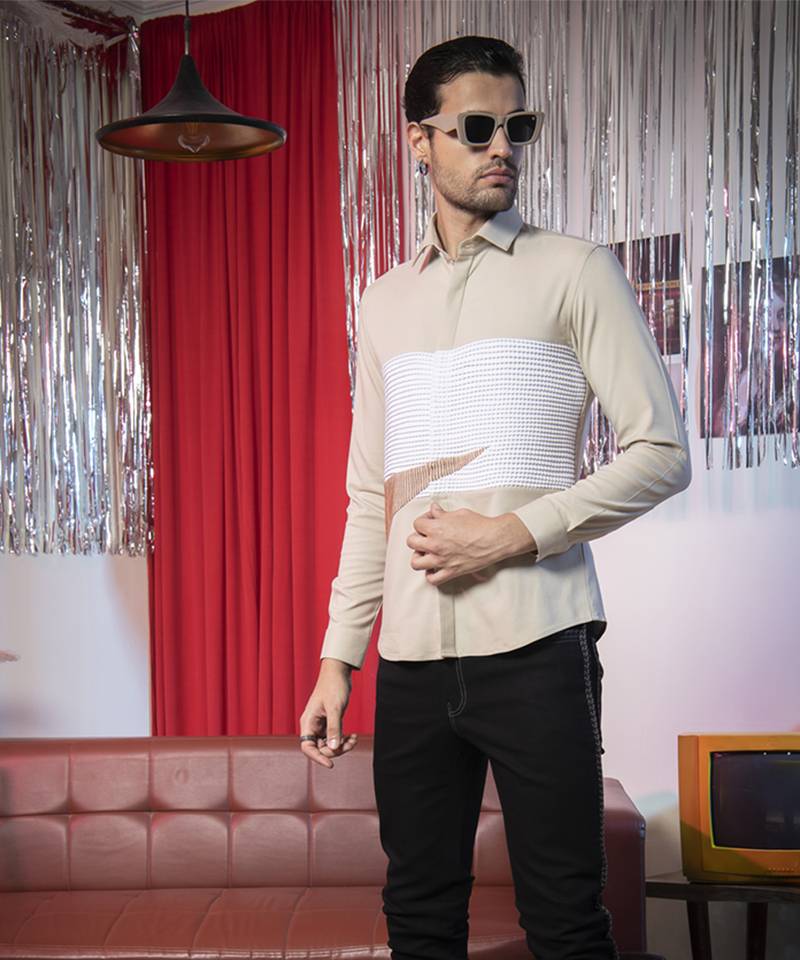 Beige plain poly viscose fabric men's shirt