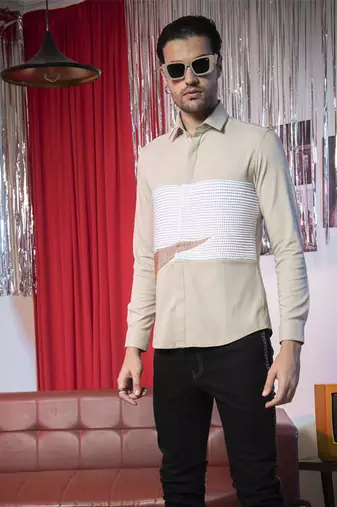 Beige plain poly viscose fabric men's shirt