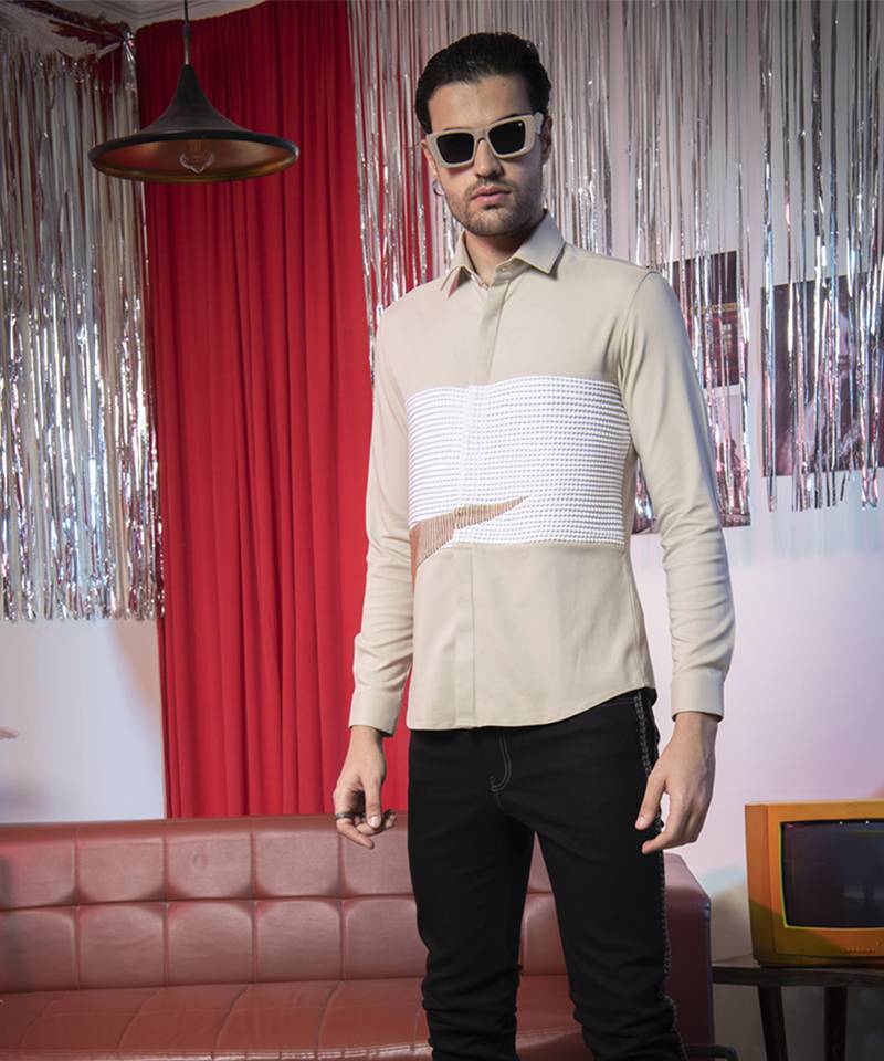 Beige plain poly viscose fabric men's shirt