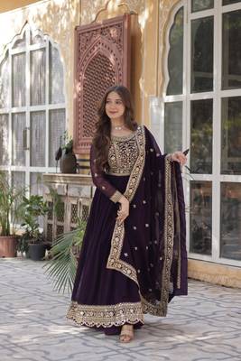 Wine Designer Long Kurti & Duppta With Embroidery Zari Sequins Work 1