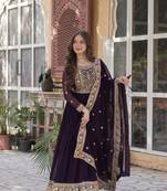 Wine Designer Readymade Long Kurti & Duppta With Embroidery Zari Sequins Work