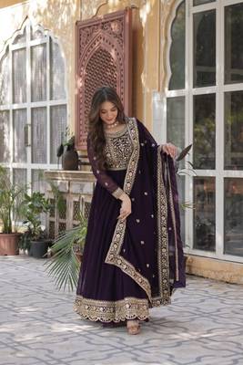 Wine Designer Long Kurti & Duppta With Embroidery Zari Sequins Work 2