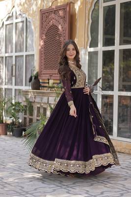 Wine Designer Long Kurti & Duppta With Embroidery Zari Sequins Work 3