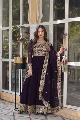 Wine Designer Long Kurti & Duppta With Embroidery Zari Sequins Work