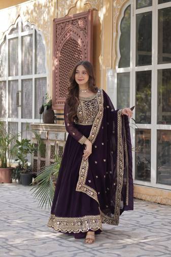 Wine Embroidery Zari Sequins Work Long Kurti with Dupatta 