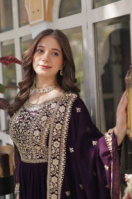 Wine Embroidery Zari Sequins Work Long Kurti with Dupatta  4