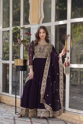 Wine Embroidery Zari Sequins Work Long Kurti with Dupatta  5