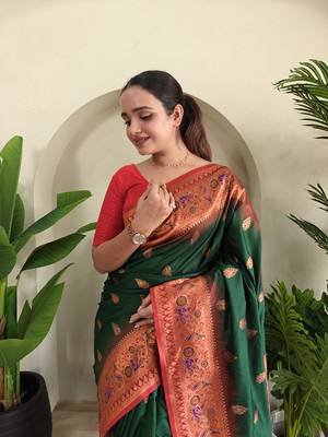 Green Paithani silk blend Meenakari Weaving Saree 1