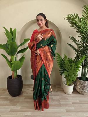 Green Paithani silk blend Meenakari Weaving Saree 2