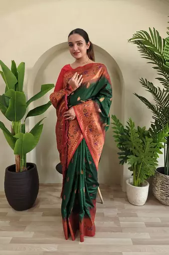 Green Paithani silk blend Meenakari Weaving Saree