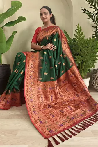 Green Paithani silk blend Meenakari Weaving Saree