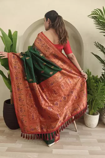 Green Paithani silk blend Meenakari Weaving Saree