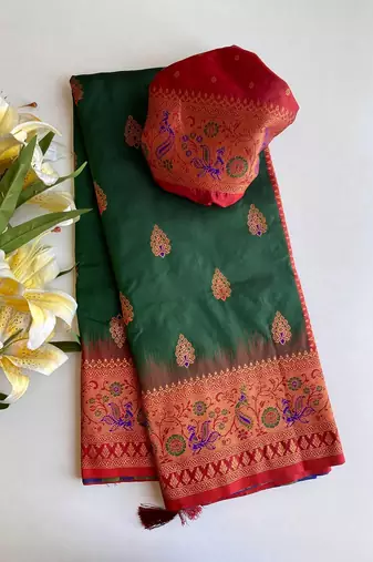 Green Paithani silk blend Meenakari Weaving Saree