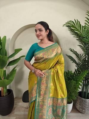 Olive yellow Paithani silk blend Meenakari Weaving Saree 1