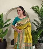 Olive yellow Paithani silk blend Meenakari Weaving Saree