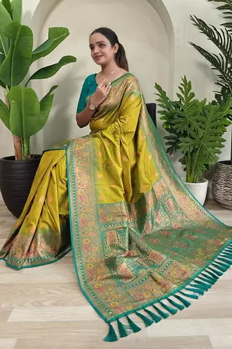 Olive yellow Paithani silk blend Meenakari Weaving Saree