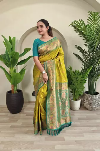 Olive yellow Paithani silk blend Meenakari Weaving Saree