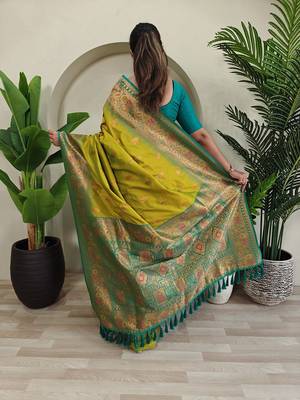 Olive yellow Paithani silk blend Meenakari Weaving Saree 4
