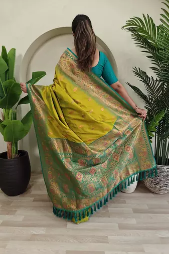 Olive yellow Paithani silk blend Meenakari Weaving Saree
