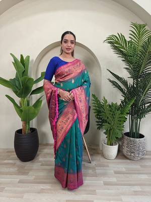  Green Paithani silk blend Meenakari Weaving Saree 2