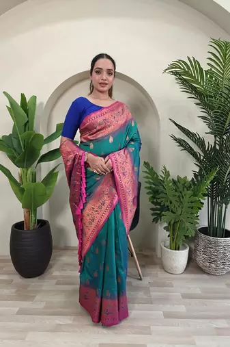  Green Paithani silk blend Meenakari Weaving Saree