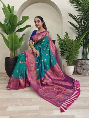  Green Paithani silk blend Meenakari Weaving Saree 3