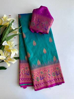  Green Paithani silk blend Meenakari Weaving Saree 4