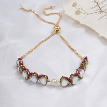 Golden triangle kundan & white pearl adjustable bracelet  pink 1
