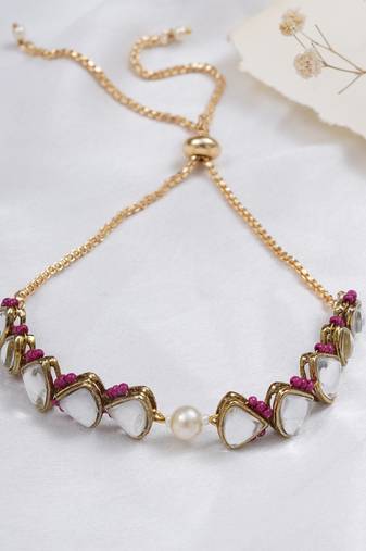 Golden triangle kundan & white pearl adjustable bracelet  pink