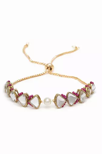 Golden triangle kundan & white pearl adjustable bracelet  pink