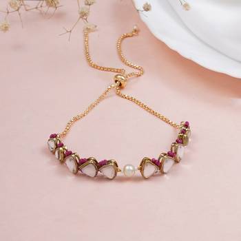 Golden triangle kundan & white pearl adjustable bracelet  pink 3