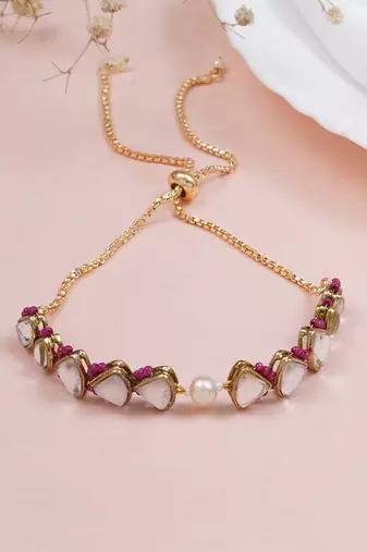 Golden triangle kundan & white pearl adjustable bracelet  pink