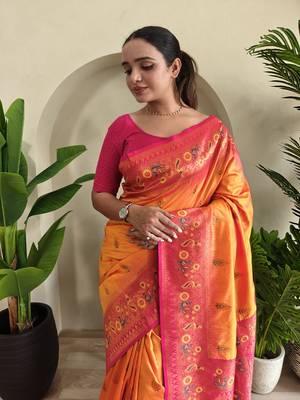 Yellow Paithani silk blend Meenakari Weaving Saree 1