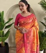 Yellow Paithani silk blend Meenakari Weaving Saree