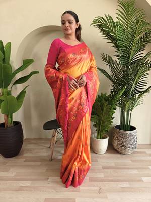 Yellow Paithani silk blend Meenakari Weaving Saree 2