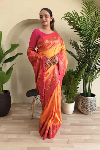 Yellow Paithani silk blend Meenakari Weaving Saree