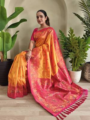 Yellow Paithani silk blend Meenakari Weaving Saree 3