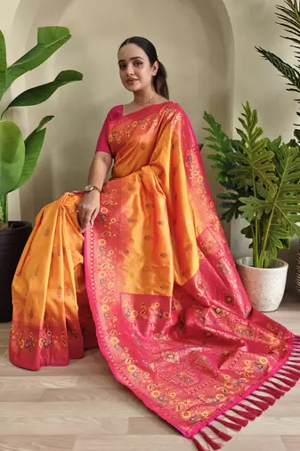 Yellow Paithani silk blend Meenakari Weaving Saree
