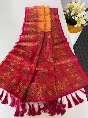 Yellow Paithani silk blend Meenakari Weaving Saree 5