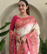 White Paithani silk blend Meenakari Weaving Saree