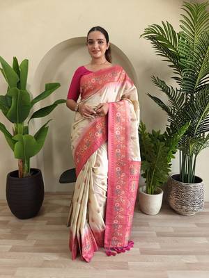 White Paithani silk blend Meenakari Weaving Saree 2