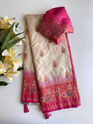White Paithani silk blend Meenakari Weaving Saree 4