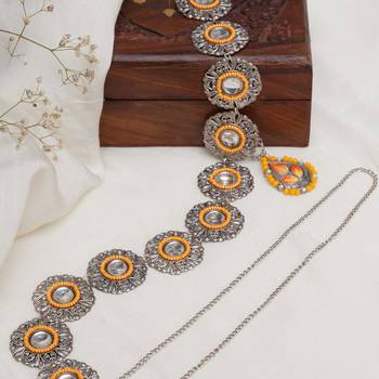 Oxidized orange tone waist belt with floral motifs waist size 24 3