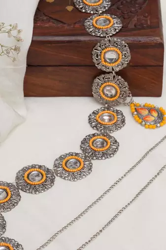 Oxidized orange tone waist belt with floral motifs waist size 30