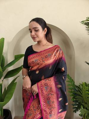 Black Paithani silk blend Meenakari Weaving Saree 2